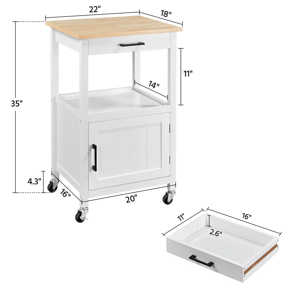 White Rolling Kitchen Island Cart with Wood Top T4504