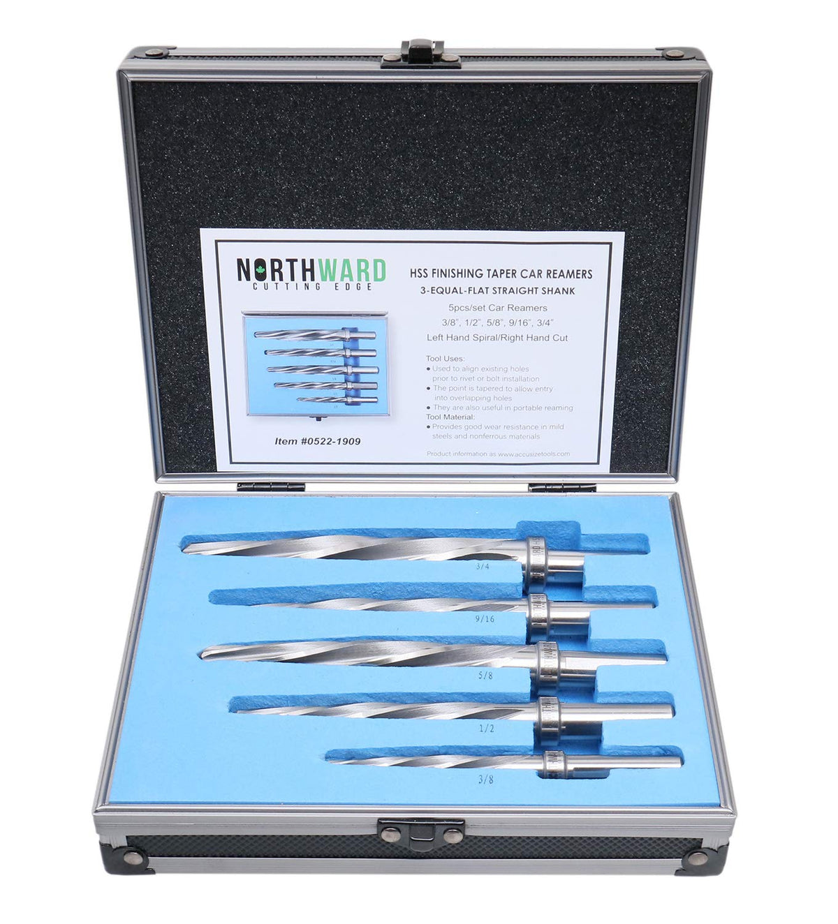 5 Pc H.S.S. Spiral Flute Car Reamer Set with Aluminum Case U552016