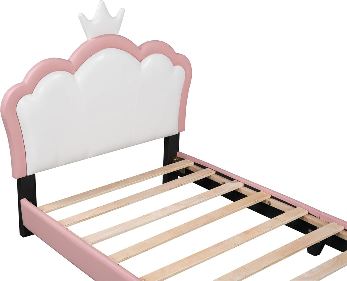 Pink Twin Size PU Upholstered Princess Bed Frame with Crown Headboard O65087