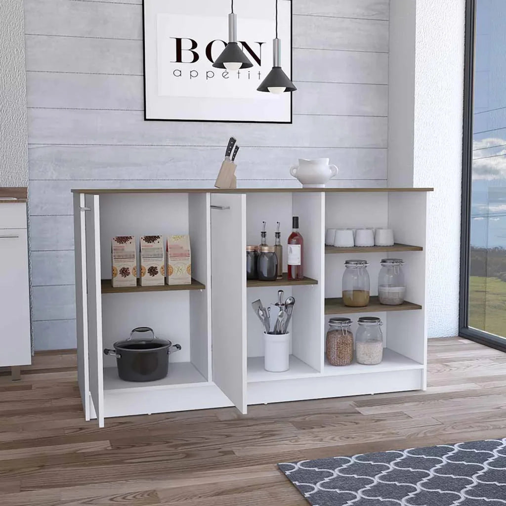 White Dark Brown Kitchen Island with Two Cabinets and Three Open Shelves K3197
