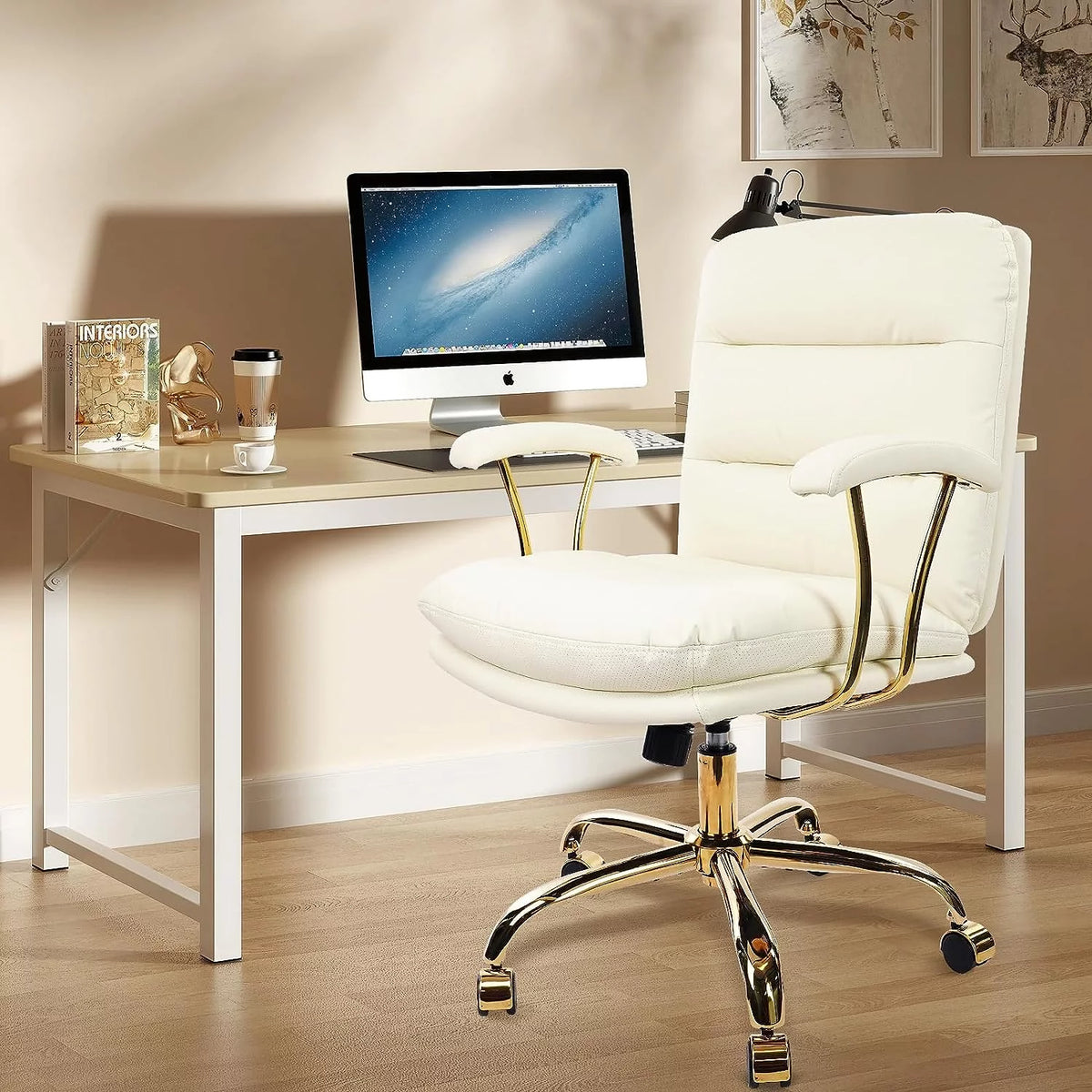 White Ergonomic Faux Leather Office Chair with Wheels and Arms R1206