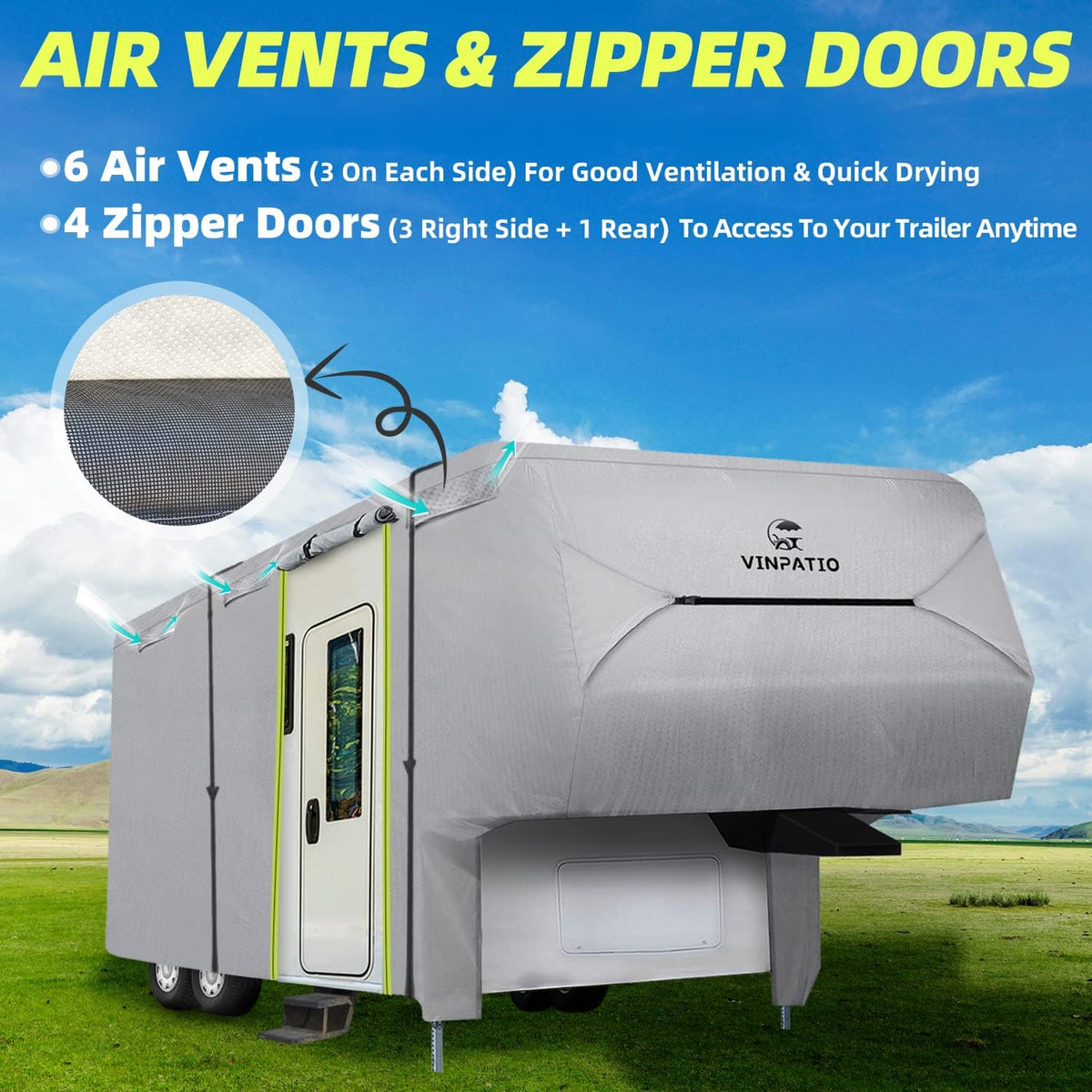 6 Layers Heavy Duty Waterproof Fifth Wheel RV Cover with 2 Extra Long Straps W130