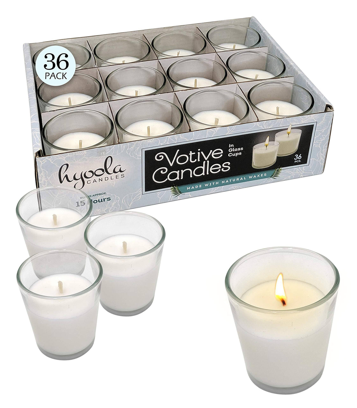 White Votive Candles 36 Pack Clear Glass Cups Unscented 15 Hour O6245