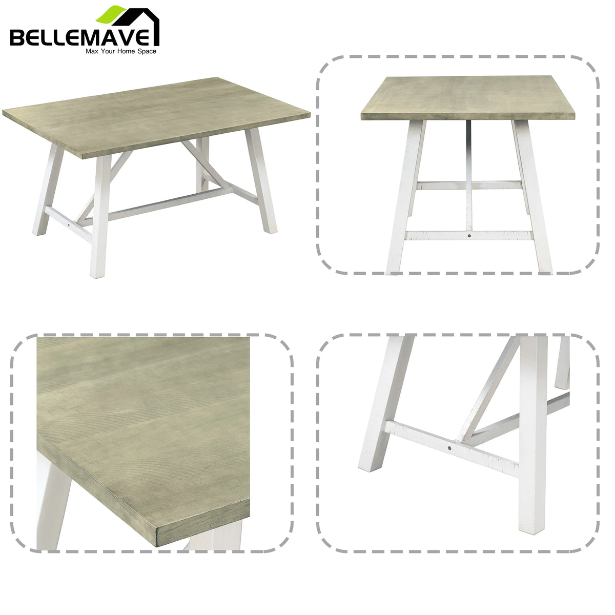 White 6 Piece Wood Counter Height Dining Table Set with 4 Chairs and a Bench R41706