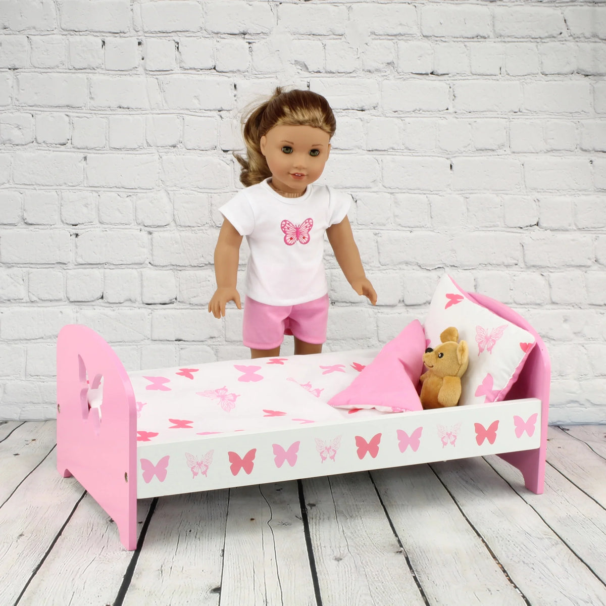 18 Inch Doll Bed with Matching Doll PJs Pajamas and 3 Piece Reversible Doll Bedding Set K923728