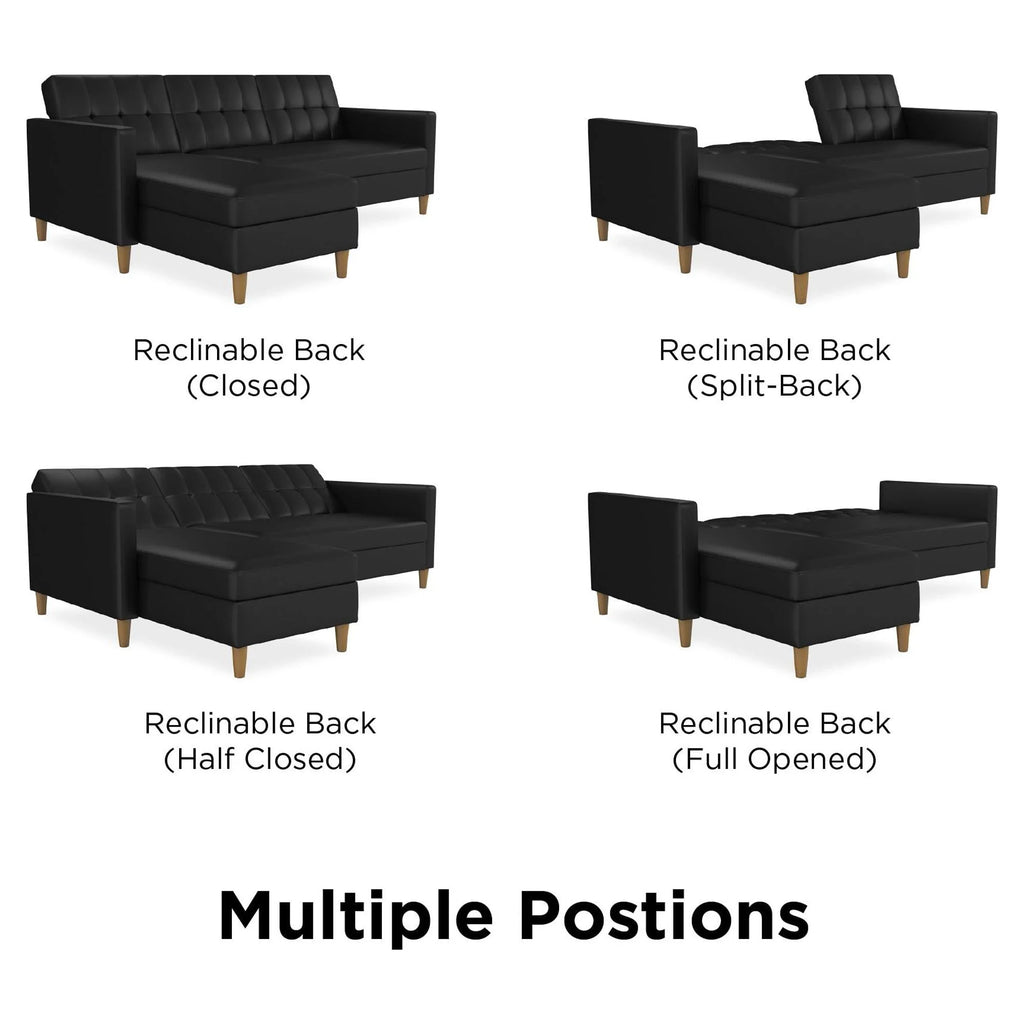 Black Faux Leather Reversible Sectional Futon with Chaise R135849