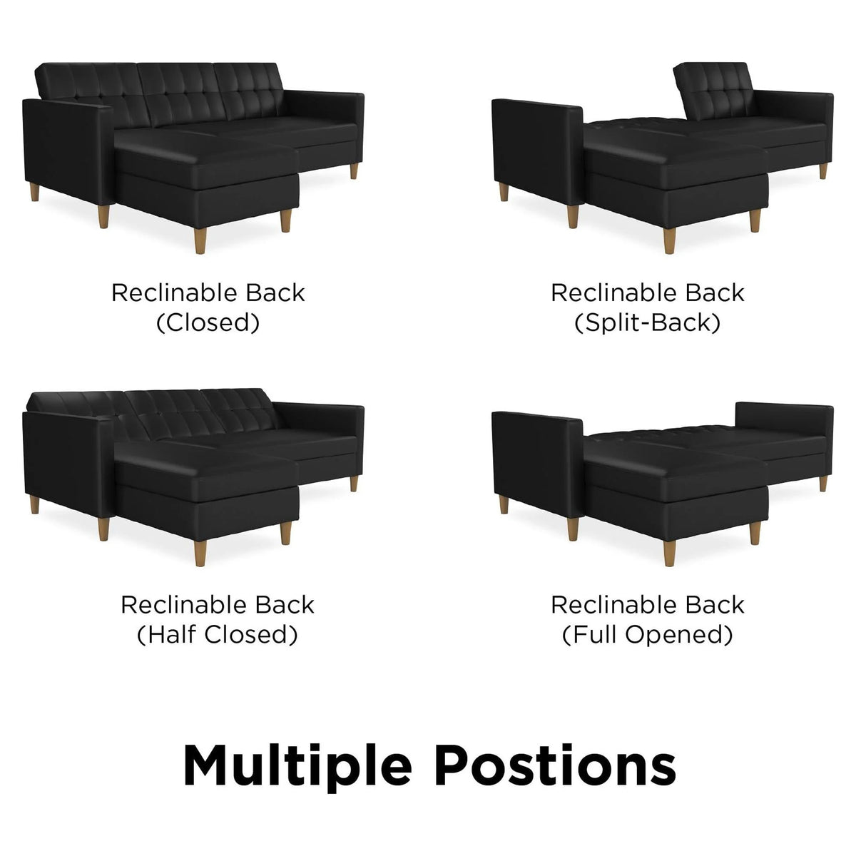 Black Faux Leather Reversible Sectional Futon with Chaise R135849