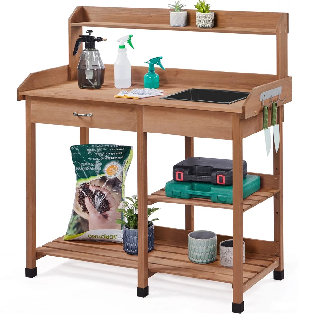Brown Garden Potting Bench with Sink Drawer J21848