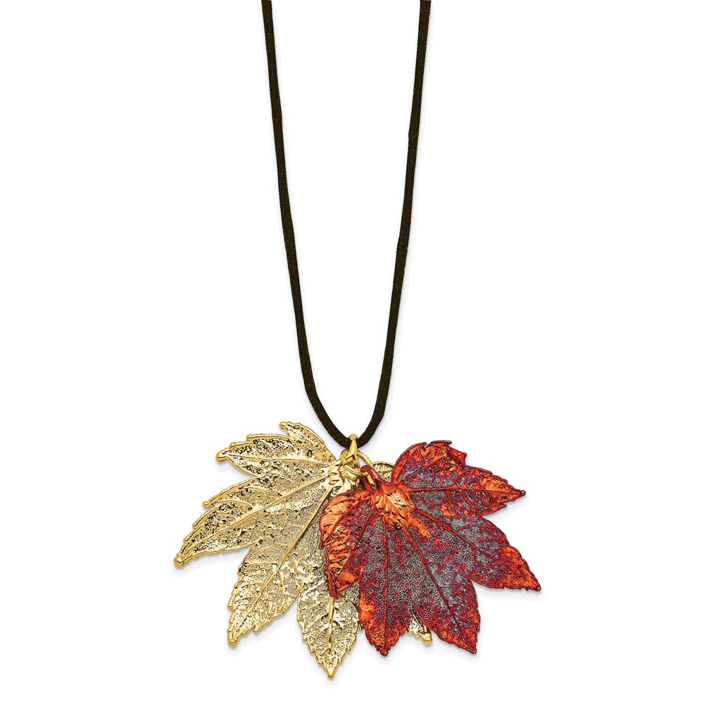 24k Gold Maple Leaves Leather Cord Necklace X3347