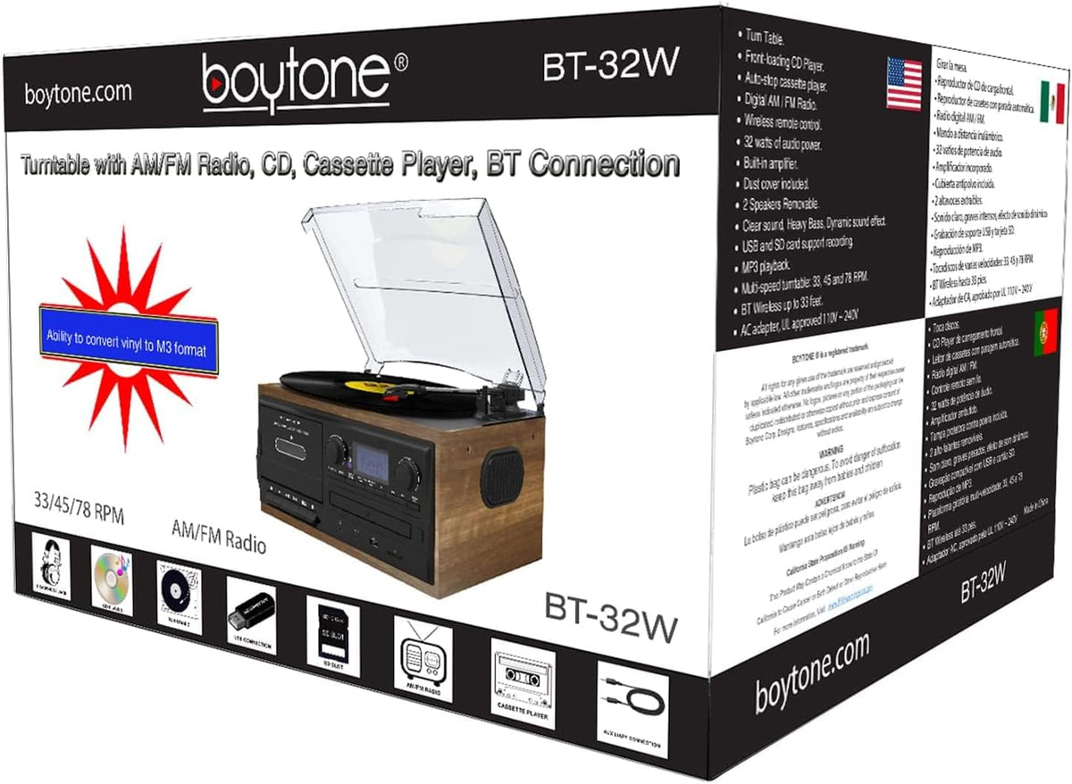 Bluetooth Record Player Turntable with AM/FM Radio, Cassette, CD Player, 2 Built in Speaker, SD Slot, USB, AUX J640121