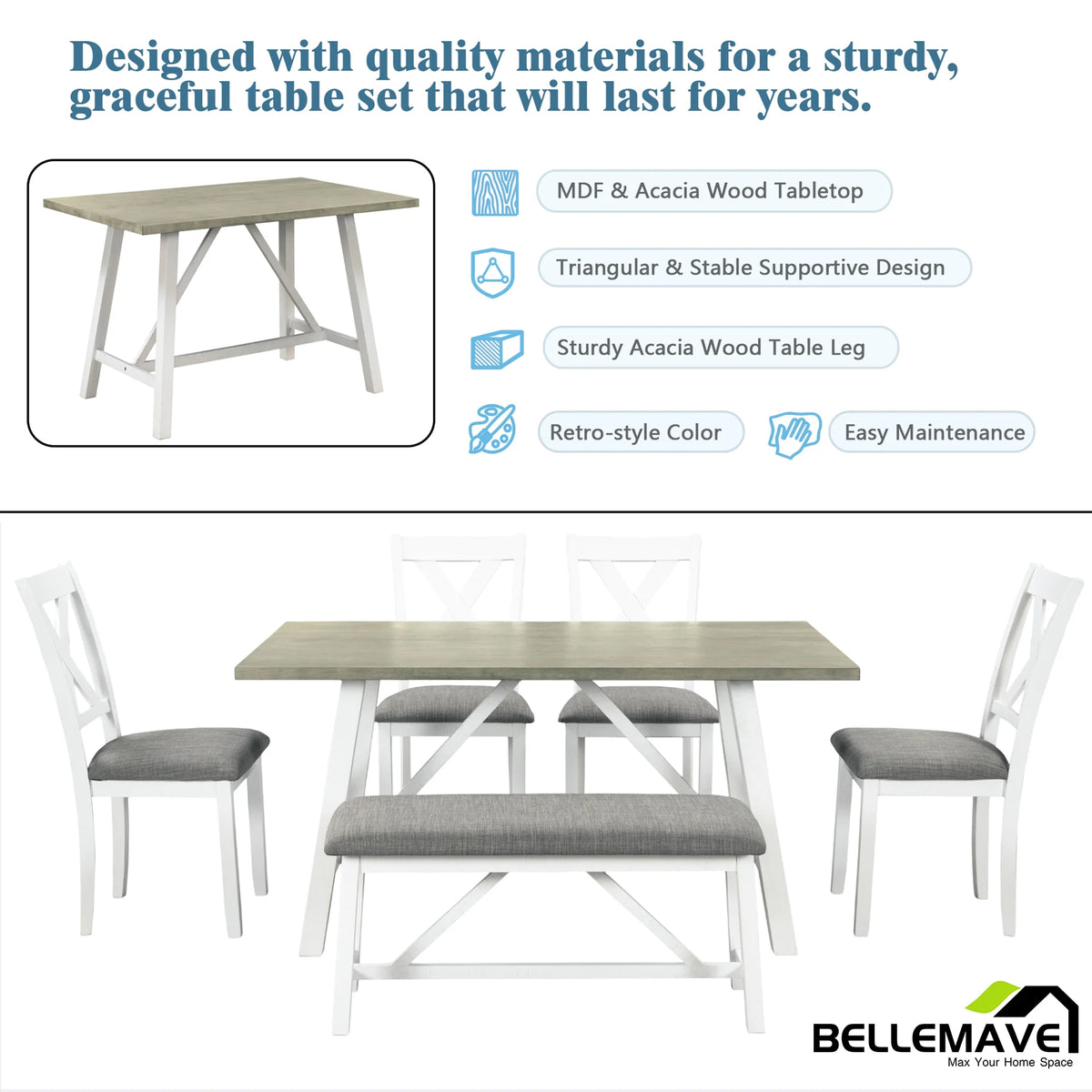 White 6 Piece Wood Counter Height Dining Table Set with 4 Chairs and a Bench R41706