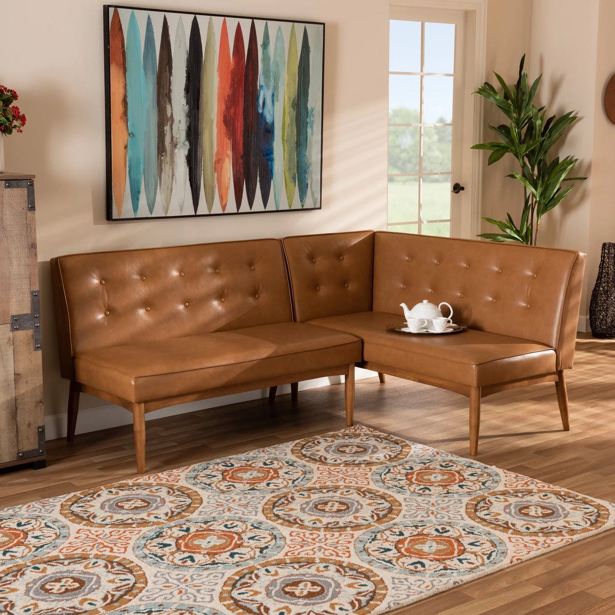 Tan Faux Leather Upholstered Wood Dining Corner Sofa Bench F760782