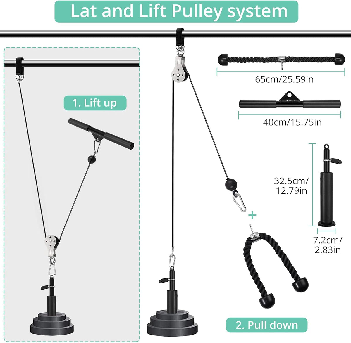Fitness Pulley System with Tricep Rope, LAT Pull Down Bar P62535