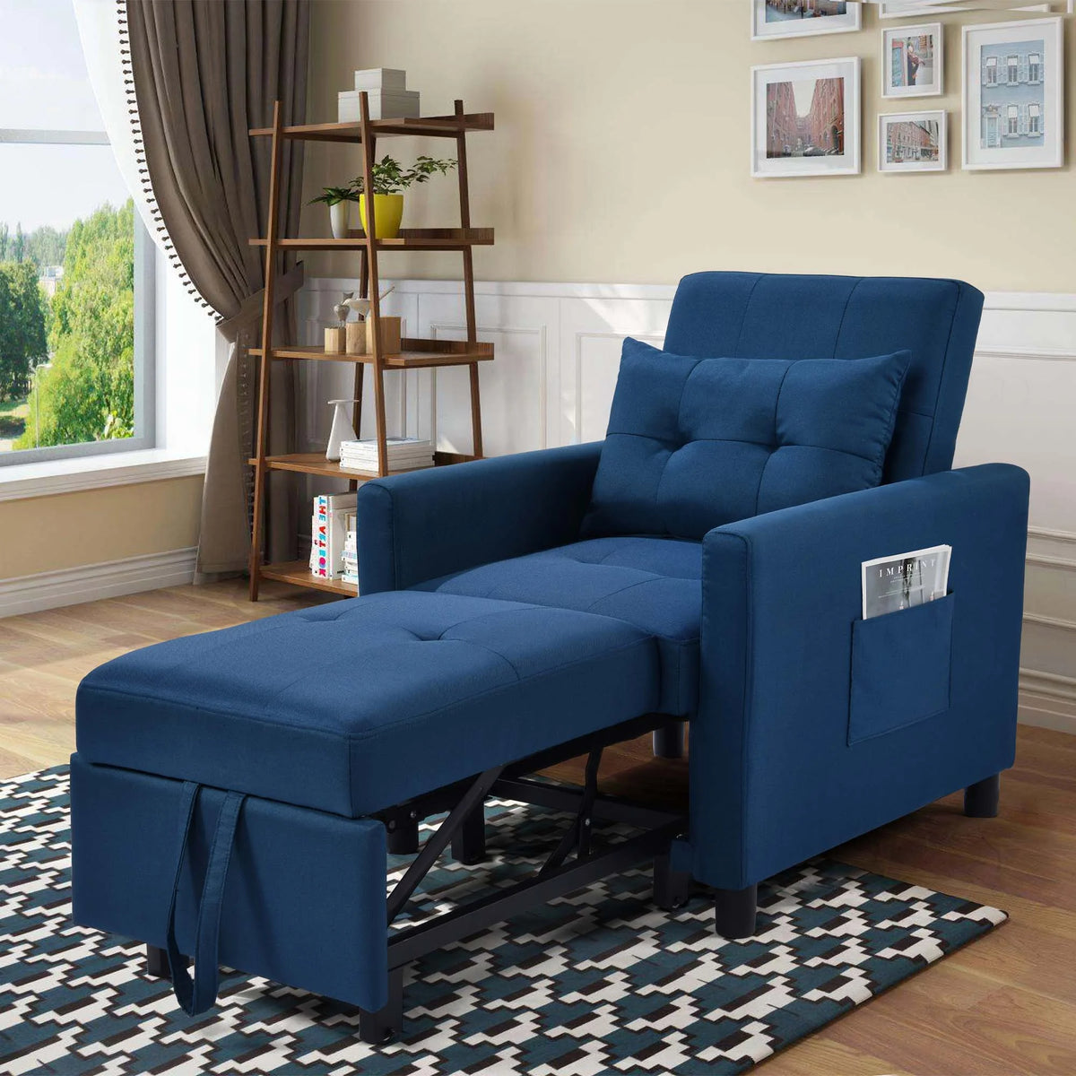 Blue Convertible Single Sofa Bed with Pull Out Sleeper Y244688