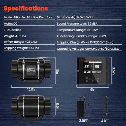 6" Inline Duct Fan, 402 CFM Ventilation Exhaust Fan DC Motor with Manual Controller B45150