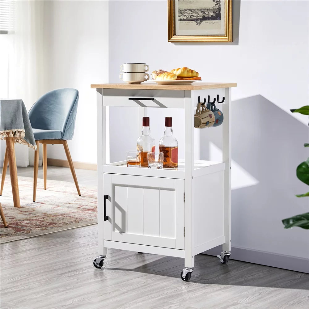 White Rolling Kitchen Island Cart with Wood Top T4504