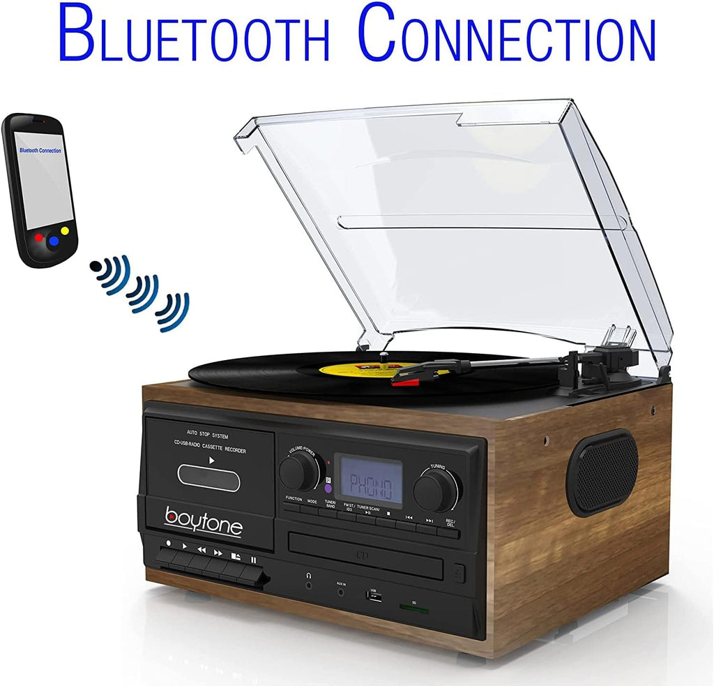 Bluetooth Record Player Turntable with AM/FM Radio, Cassette, CD Player, 2 Built in Speaker, SD Slot, USB, AUX J640121