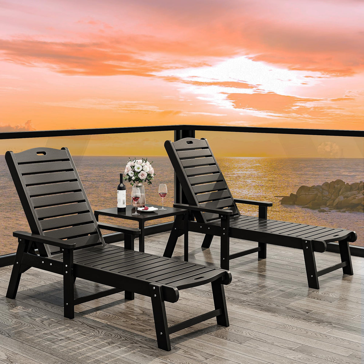 Black Adjustable Resin Outdoor Chaise Lounge Chair P874988