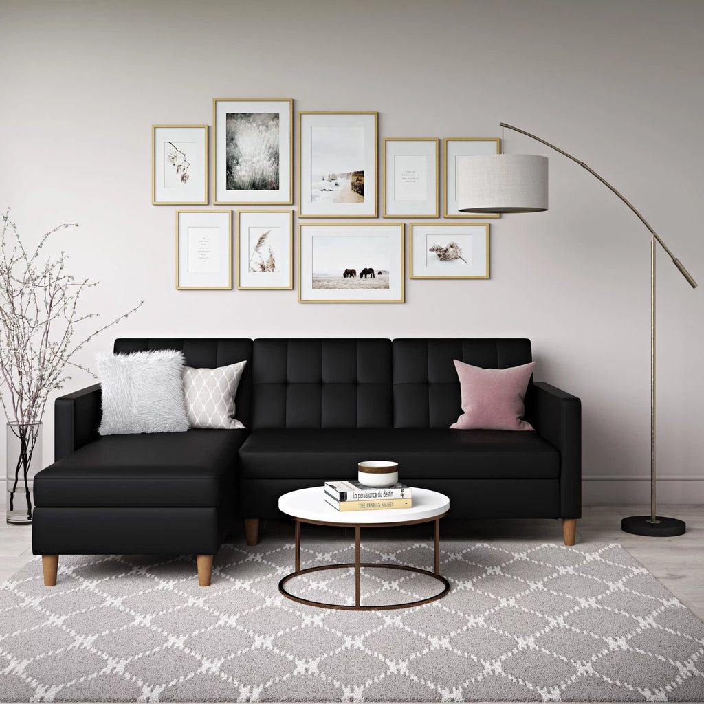 Black Faux Leather Reversible Sectional Futon with Chaise R135849
