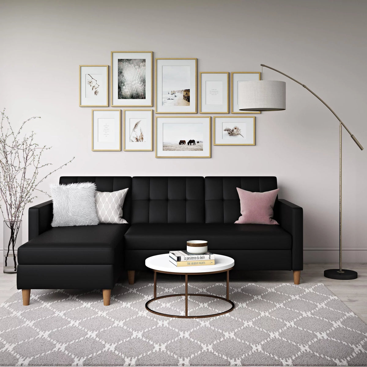 Black Faux Leather Reversible Sectional Futon with Chaise R135849