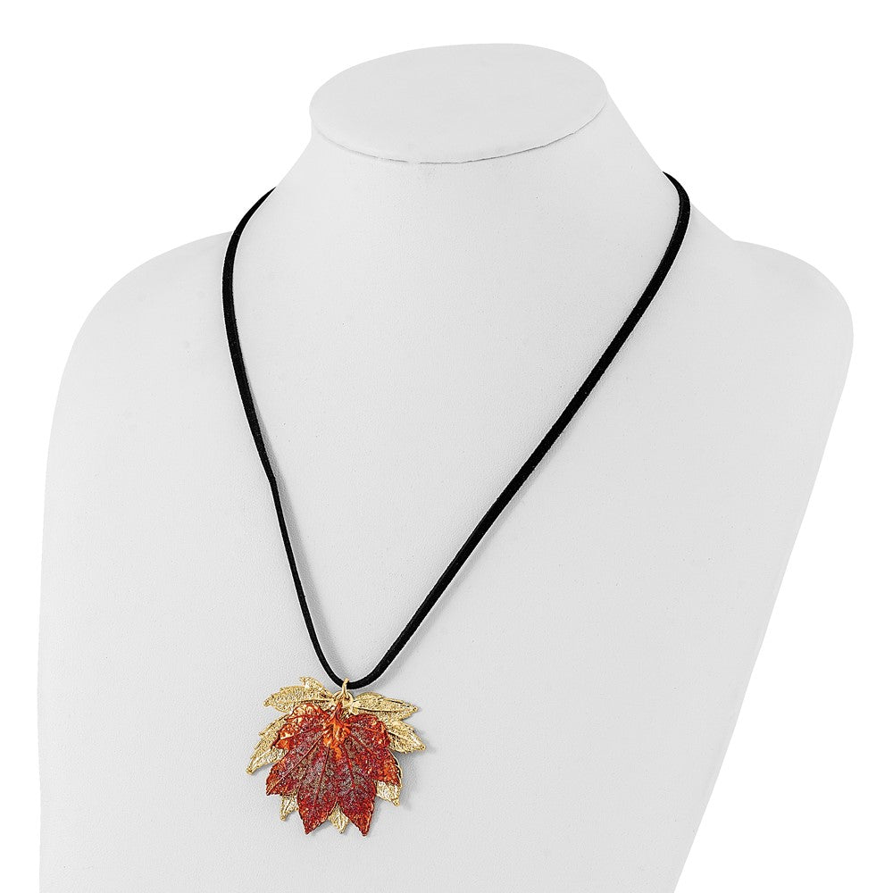 24k Gold Maple Leaves Leather Cord Necklace X3347
