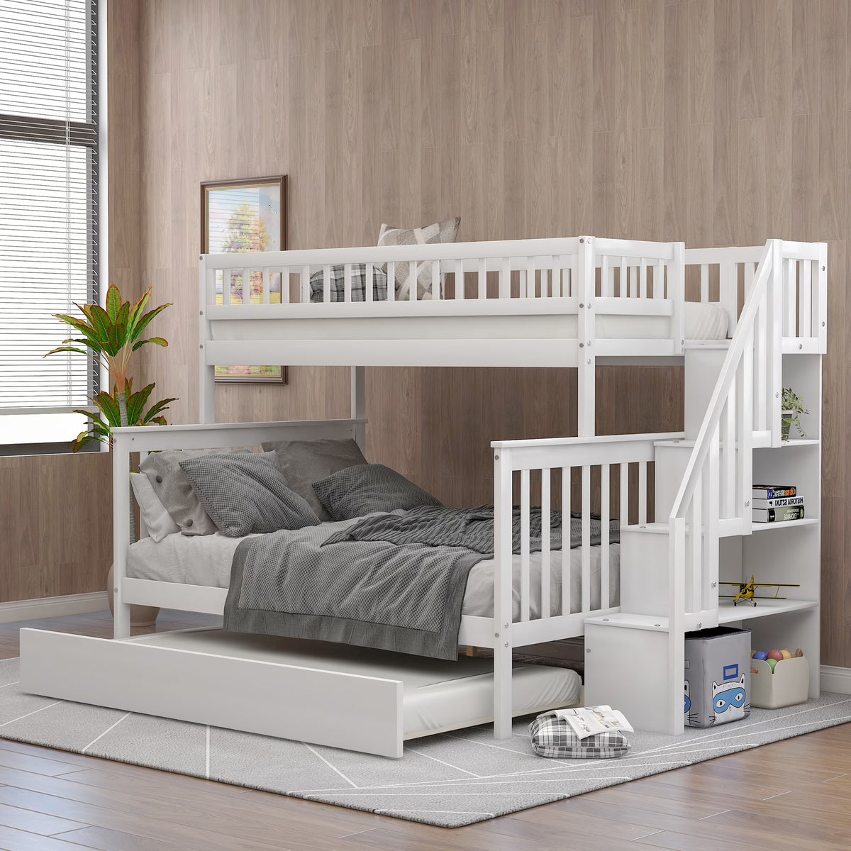Twin Over Full Bunk Bed with Trundle and Stairs, White O285