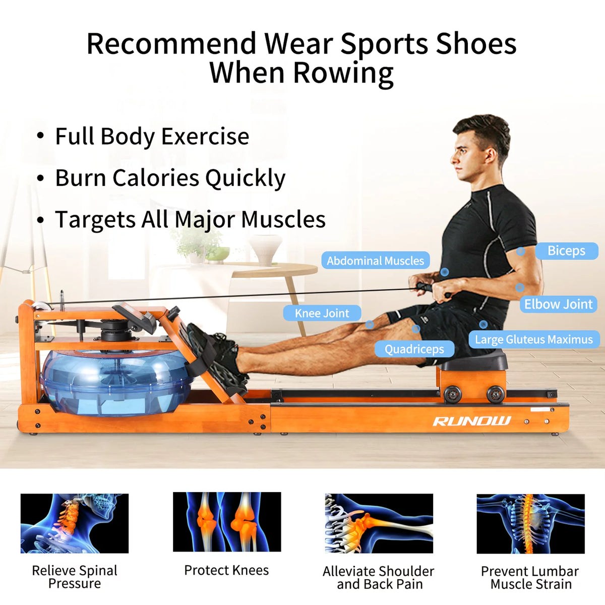 Water Rowing Machine with LCD Monitor 350 LB Wood Rower E348614