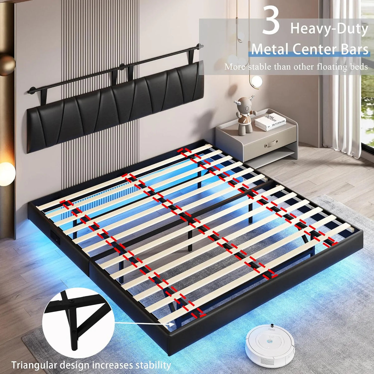 King Size Floating Upholstered Platform Bed with LED Light & Power Charging Station B42003
