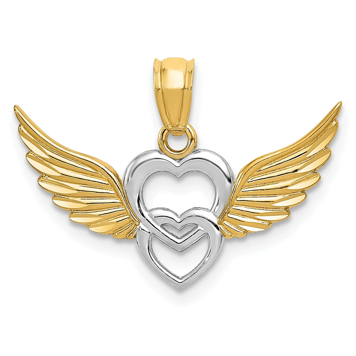 14K Two-Tone Gold Rhodium Plating Heart With Wings Pendant on 16 Inch 14K Gold Rope Chain Necklace E61027