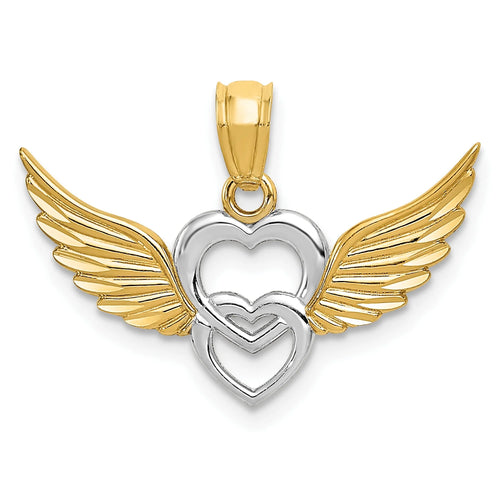 14K Two-Tone Gold Rhodium Plating Heart With Wings Pendant on 16 Inch 14K Gold Rope Chain Necklace E61027