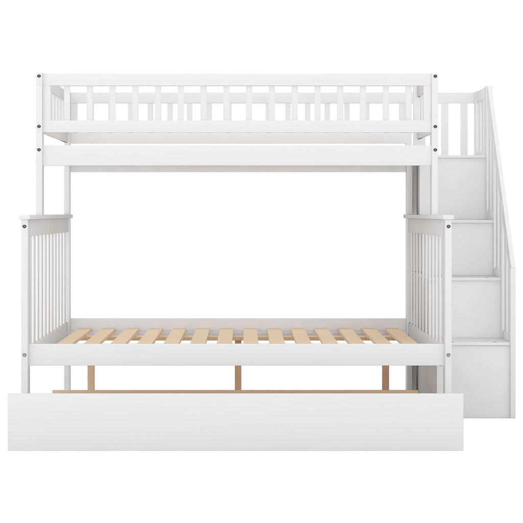 Twin Over Full Bunk Bed with Trundle and Stairs, White O285