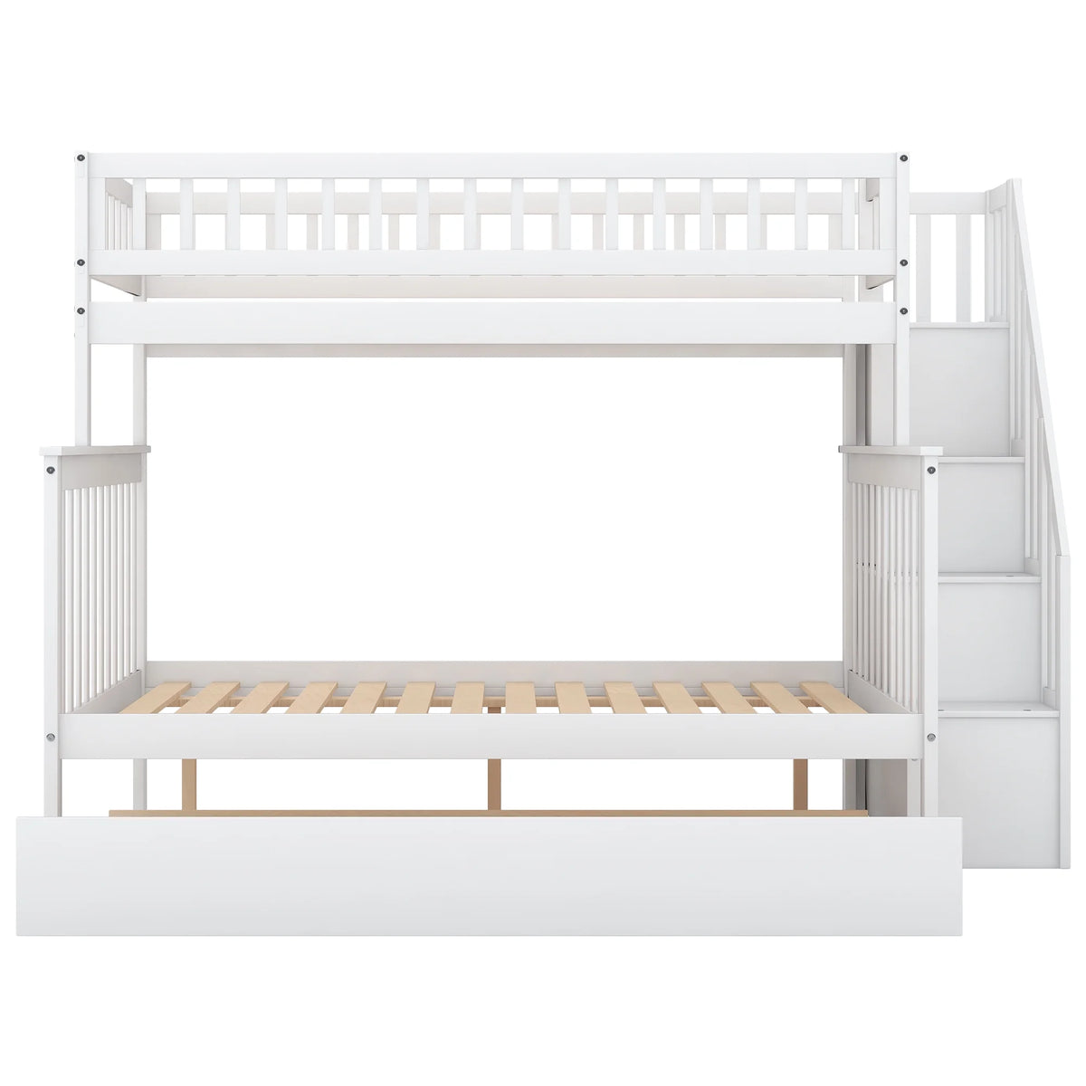 Twin Over Full Bunk Bed with Trundle and Stairs, White O285