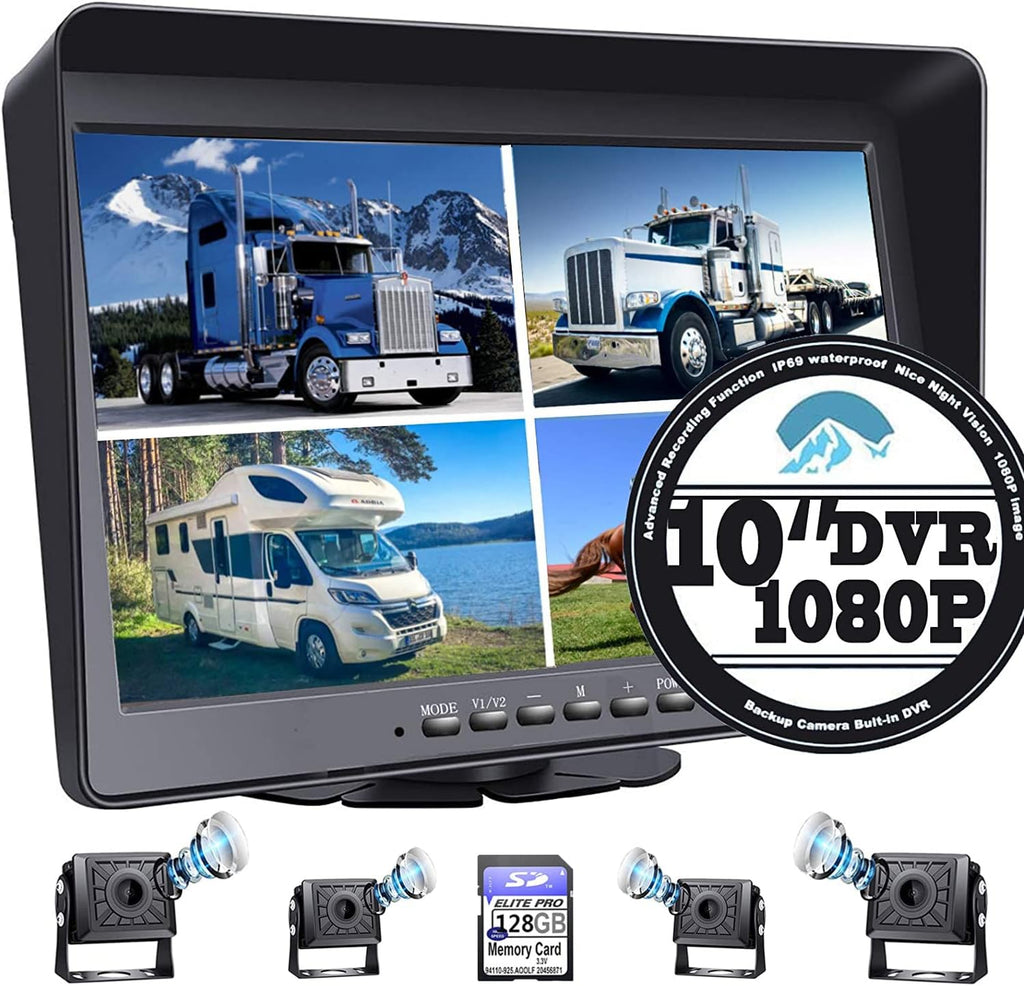 10.1 Monitor Backup Camera Wired System 1080P HD 4 Split Screen IP69 Waterproof T227