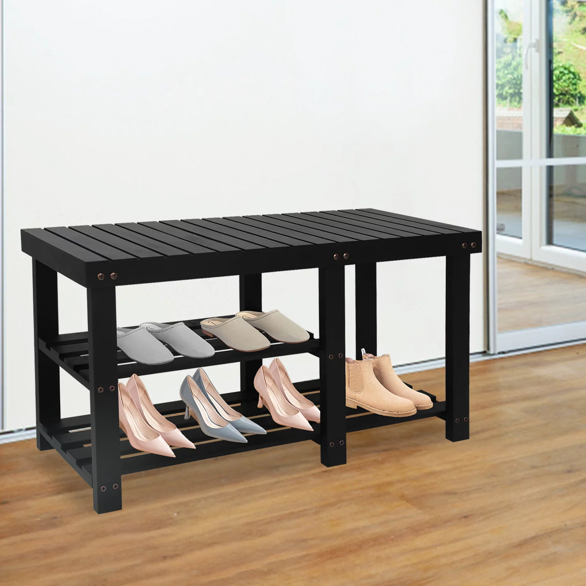 Black 3-Tier Solid Wood Shoe Bench J528