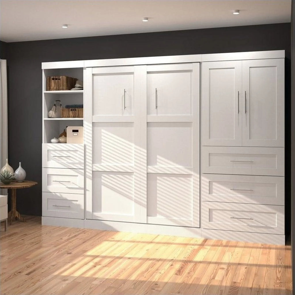 2 Piece 6 Drawer Wood Full Wall Bed in White T9414