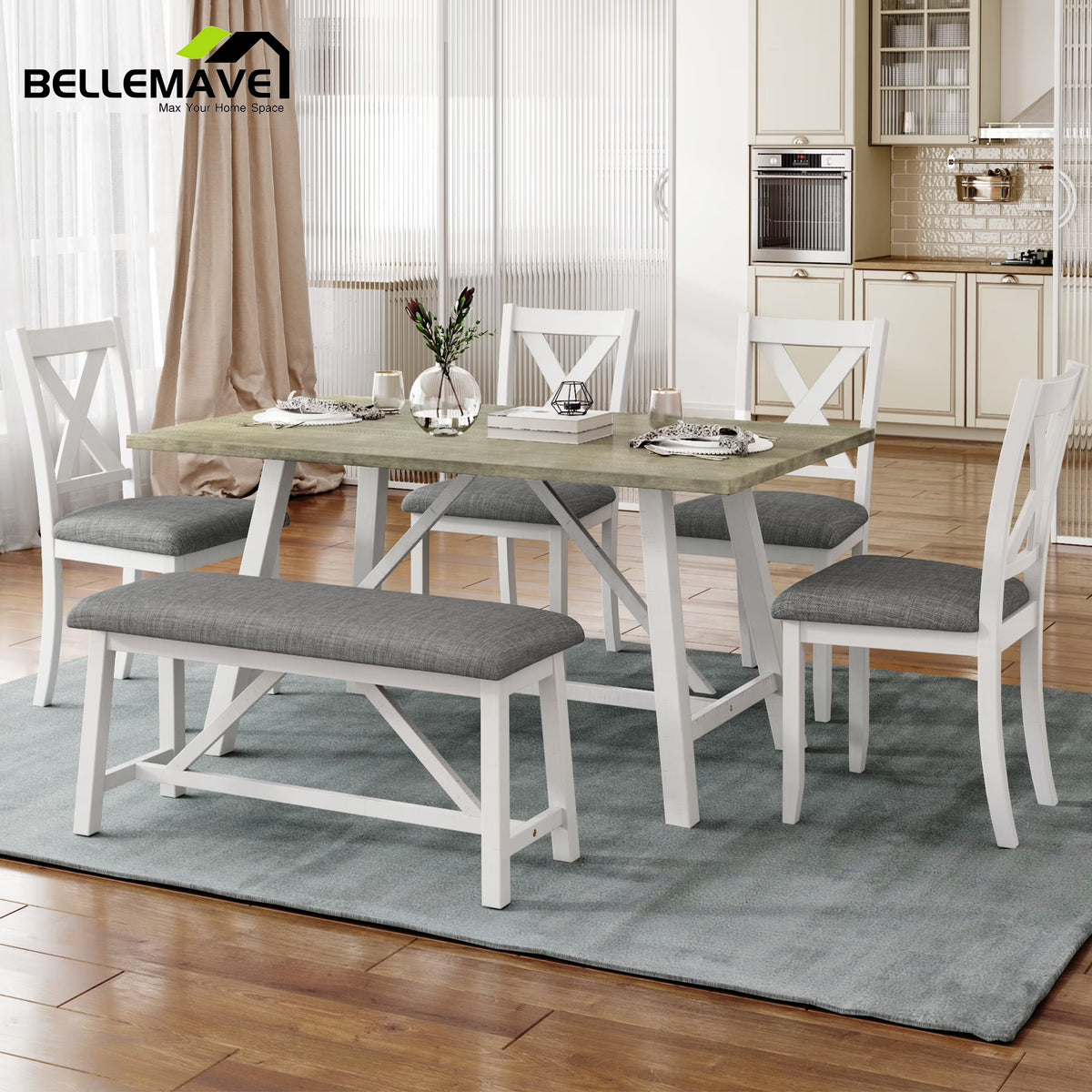 White 6 Piece Wood Counter Height Dining Table Set with 4 Chairs and a Bench R41706