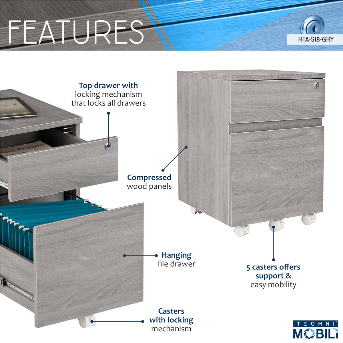 White Rolling Two Drawer Vertical Filing Cabinet with Lock M798
