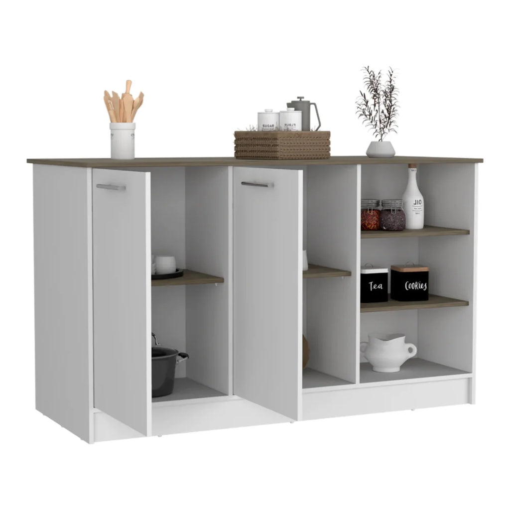 White Dark Brown Kitchen Island with Two Cabinets and Three Open Shelves K3197