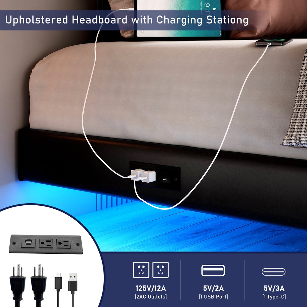 King Size Floating Upholstered Platform Bed with LED Light & Power Charging Station B42003