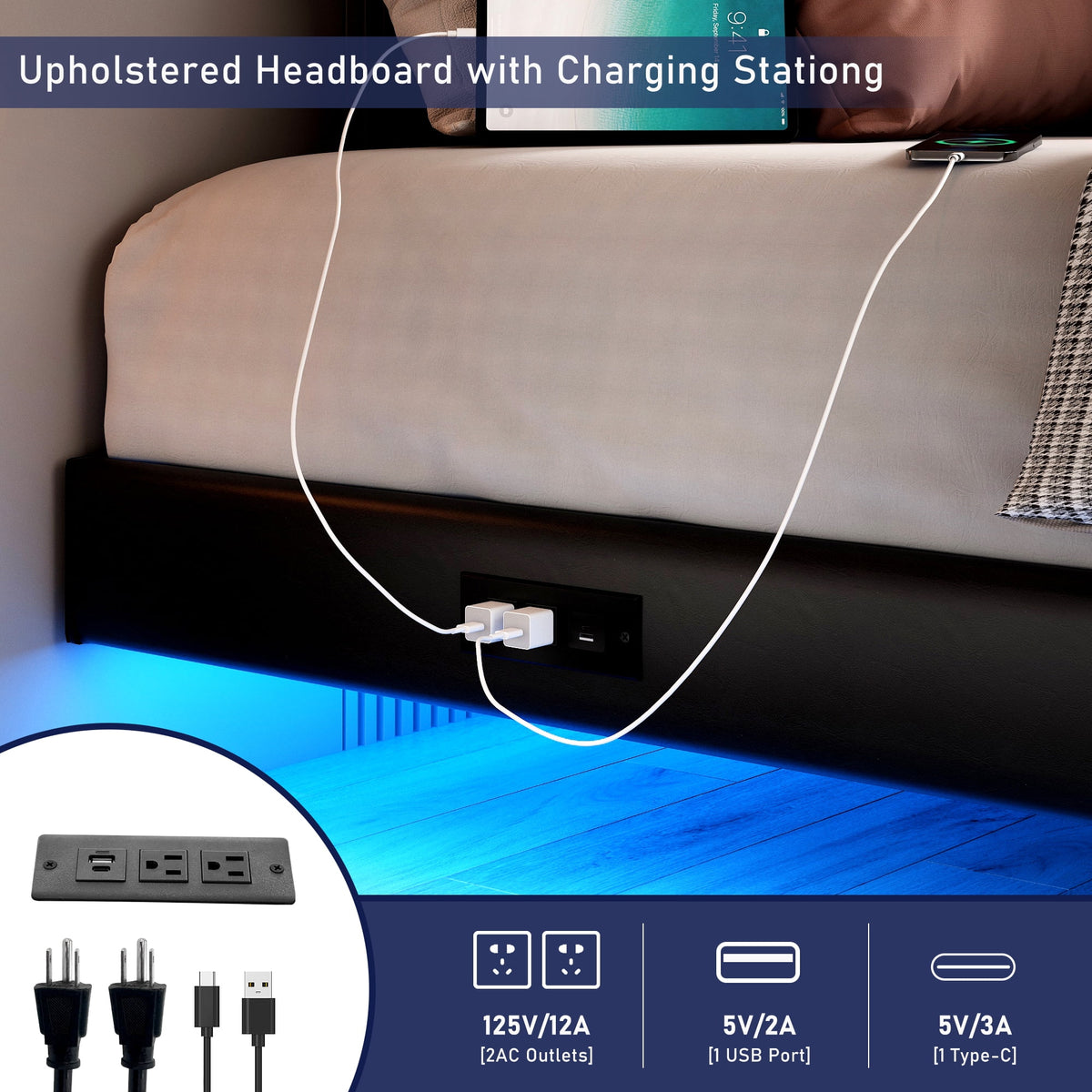 King Size Floating Upholstered Platform Bed with LED Light & Power Charging Station B42003