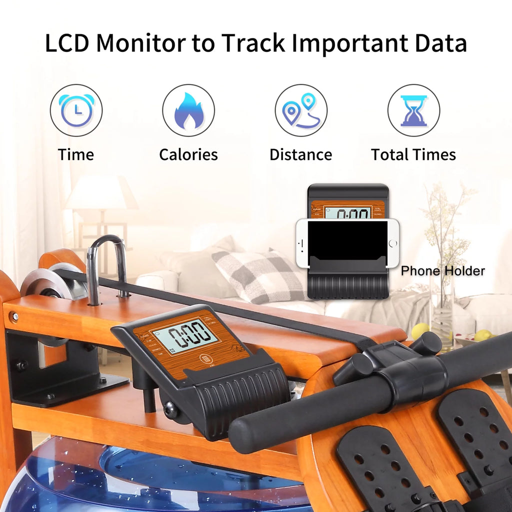 Water Rowing Machine with LCD Monitor 350 LB Wood Rower E348614