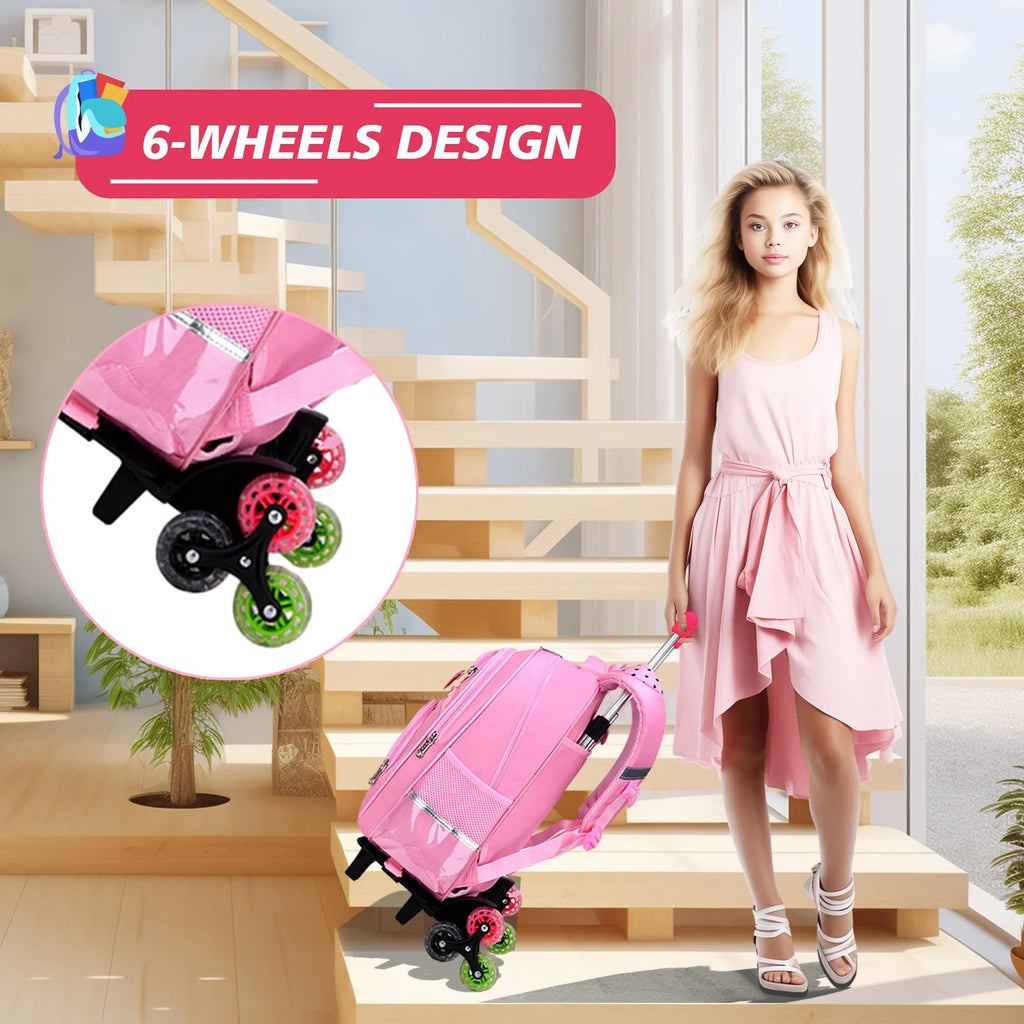 Pink Kids Rolling Backpack with Cartoon Cat M9173
