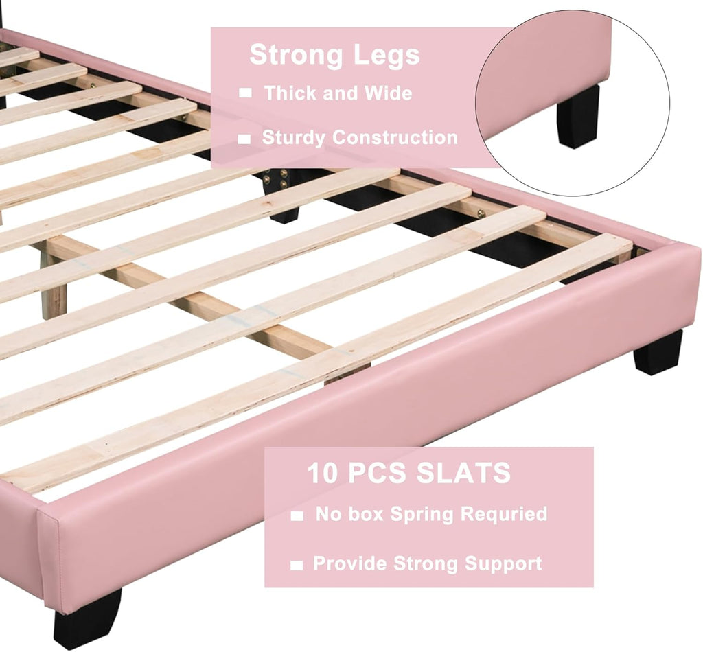 Pink Twin Size PU Upholstered Princess Bed Frame with Crown Headboard O65087