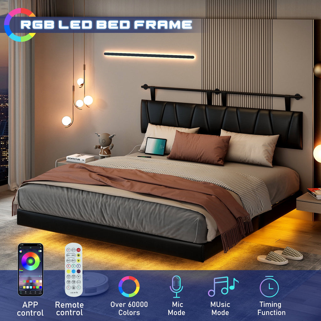King Size Floating Upholstered Platform Bed with LED Light & Power Charging Station B42003