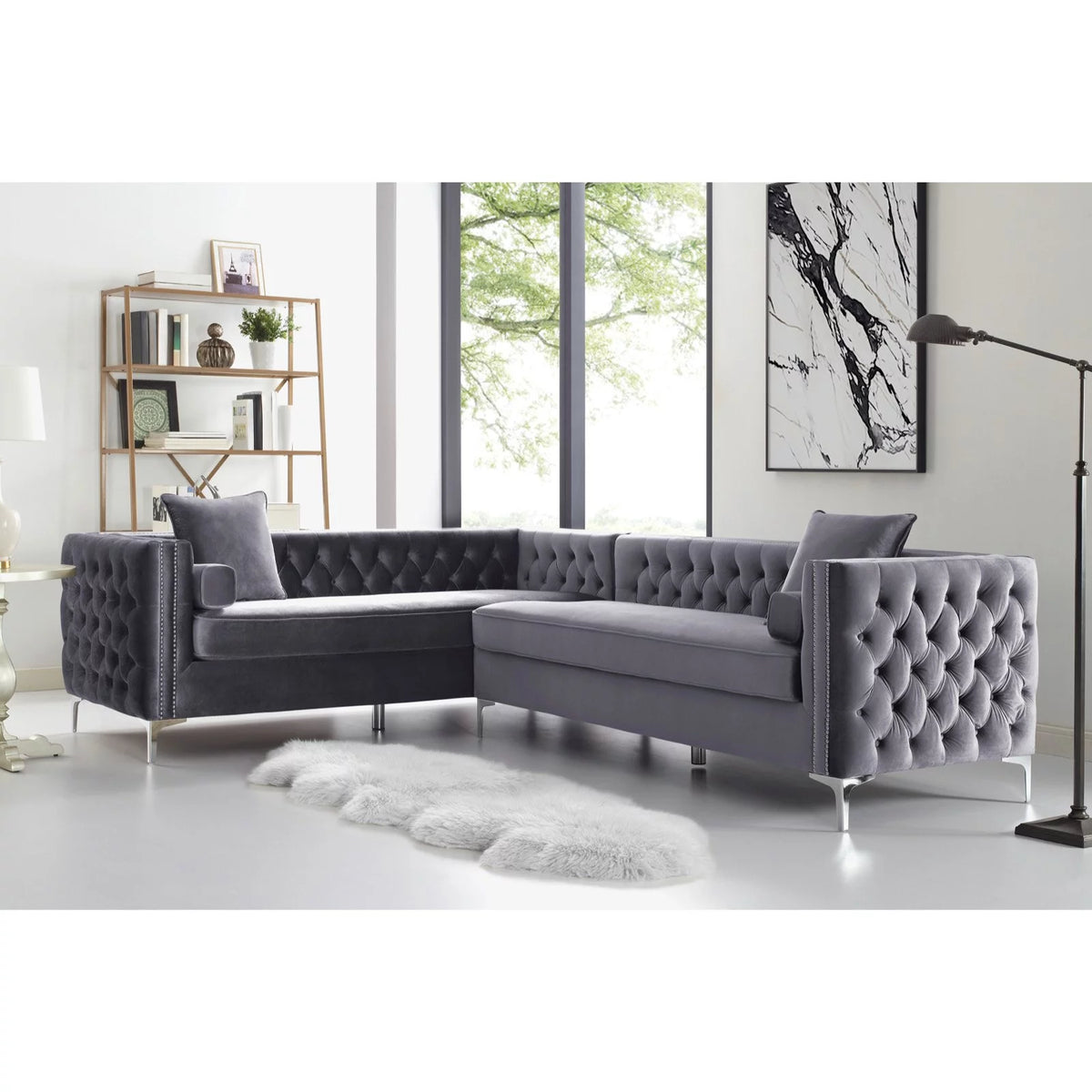 Grey Velvet Corner Sectional Sofa E603175