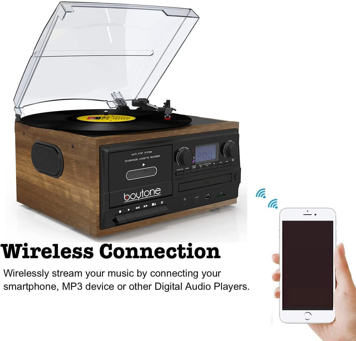 Bluetooth Record Player Turntable with AM/FM Radio, Cassette, CD Player, 2 Built in Speaker, SD Slot, USB, AUX J640121