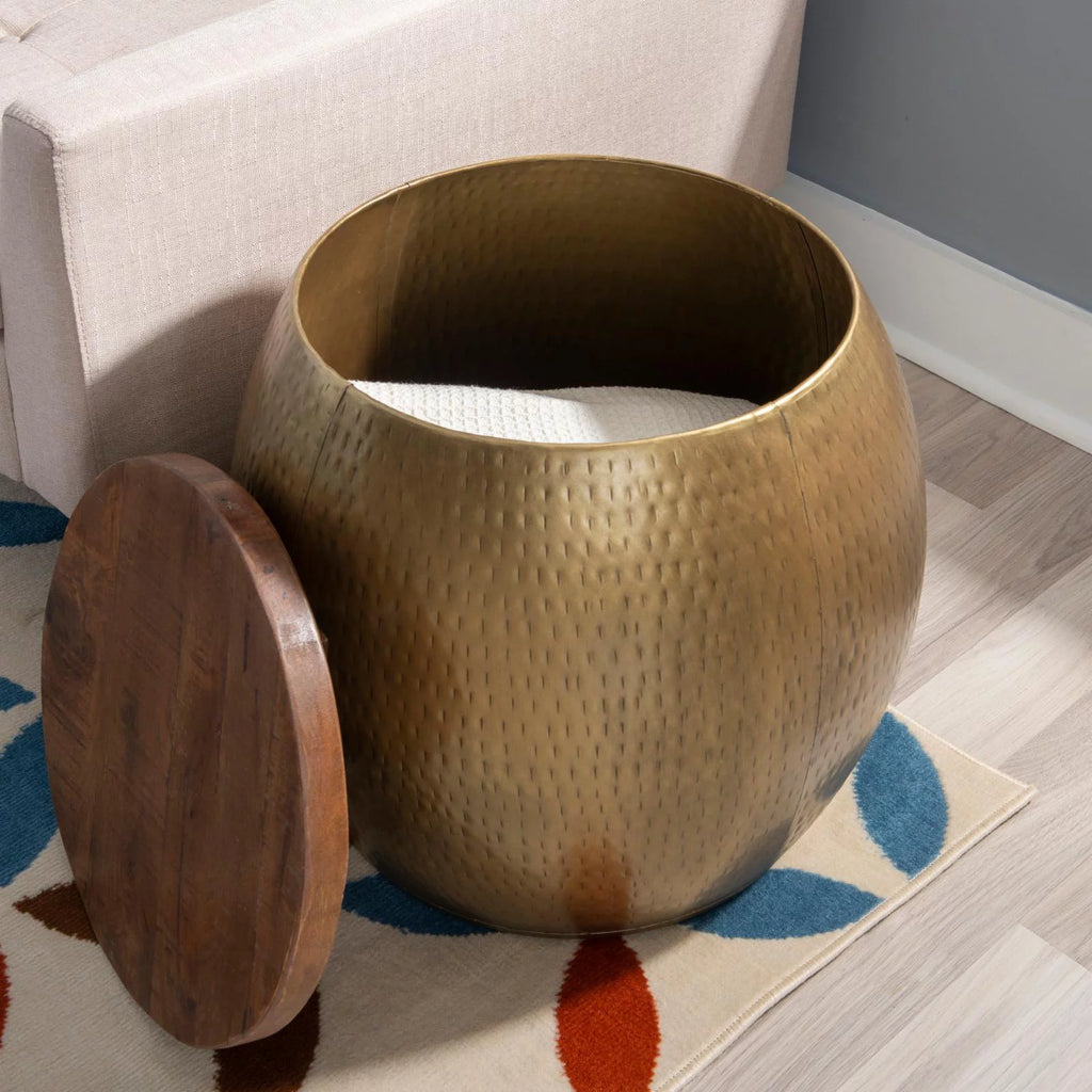 Gold Metal and Wood Storage Side Table L18446