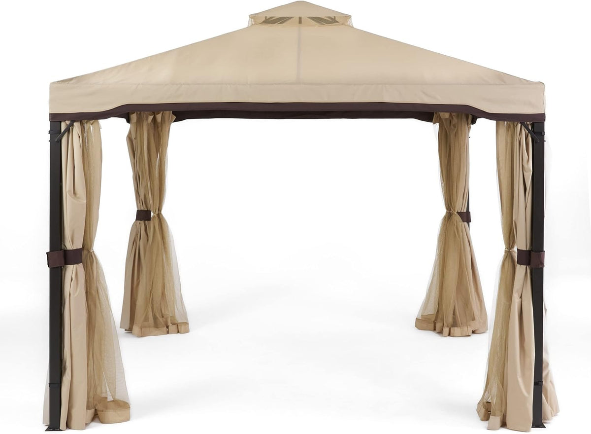 Beige Outdoor Gazebo Canopy with Net Drapery I8799