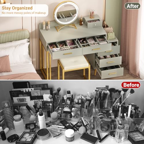 White Vanity Desk with Mirror and Lights, 6 Drawers, Cushioned Stool I200990