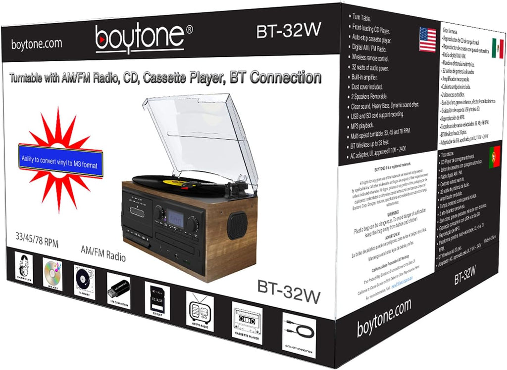 Bluetooth Record Player Turntable with AM/FM Radio, Cassette, CD Player, 2 Built in Speaker, SD Slot, USB, AUX J640121